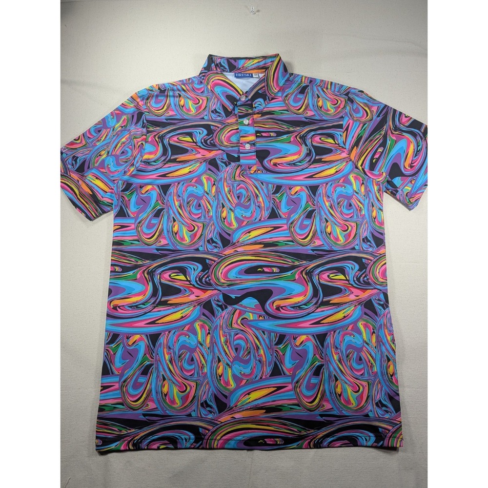Hreski Golf Polo Shirt Mens M Psychedelic Rainbow Swirl Performance Stretch